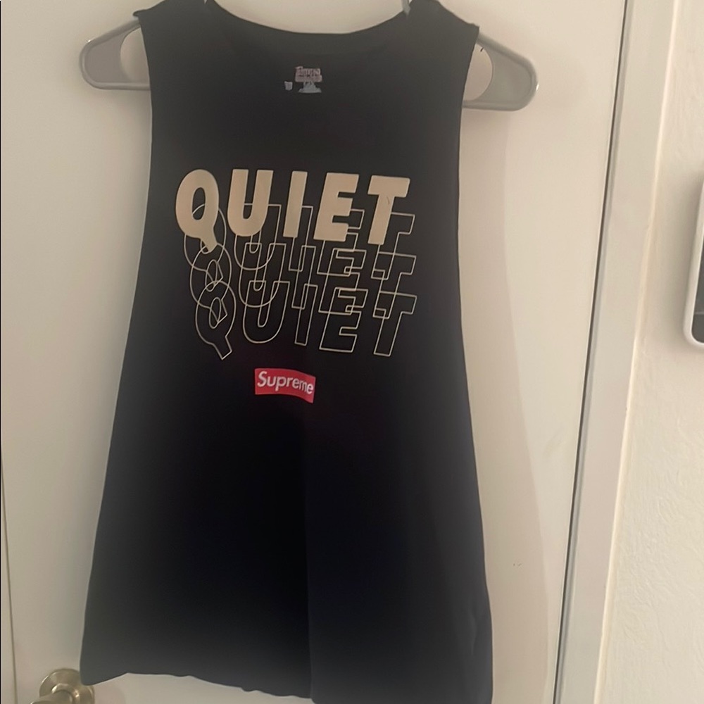 Supreme Black Tank Top with Cream 'Quiet' Design